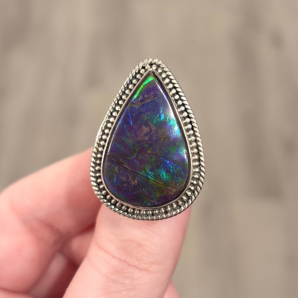Vintage Sterling Large Blue Ammolite Ring, Triangle Doublet Adjustable Band